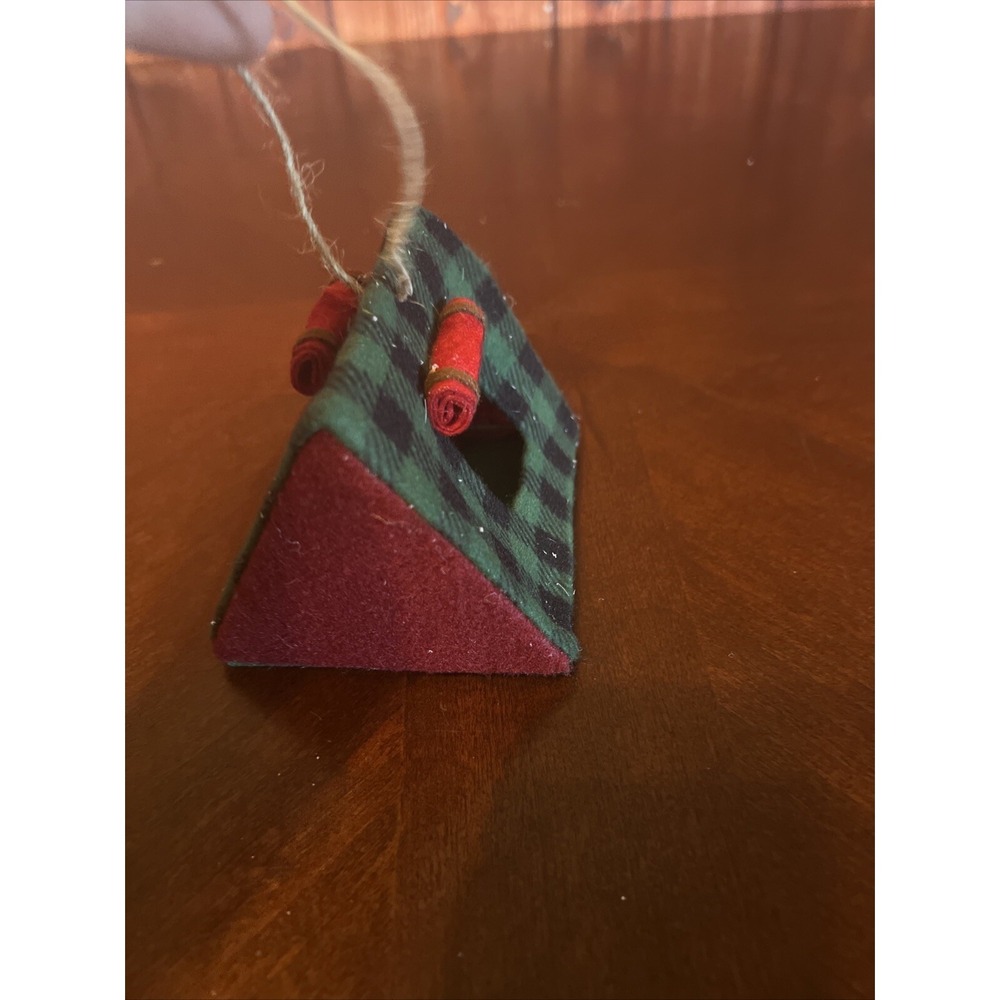 Tent Christmas Ornament Fabric Camping by Silver Tree Plaid Green